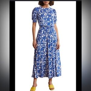 Boden Sophia Blue and White Smocked A-Line Midi Skirt